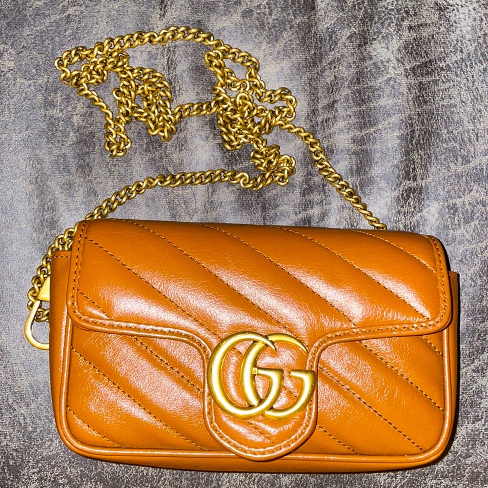 Camel colored, gold chain, cross body purse